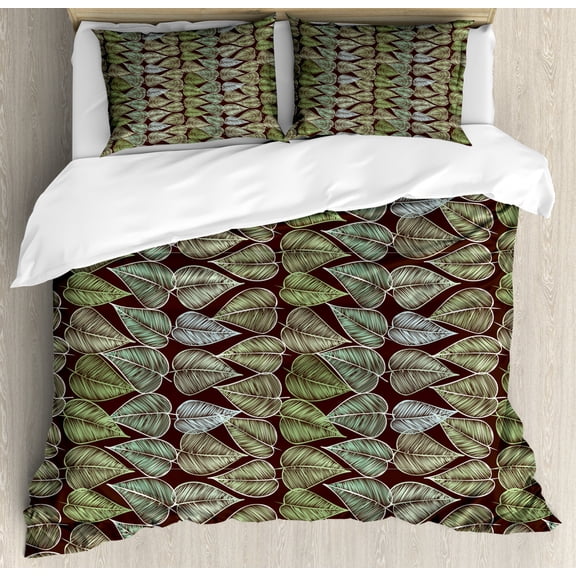 Green and Brown Duvet Cover Set Queen Size, Hand Drawn Foliage Pattern with Leaves with Lines Sketch Style Vintage, Decorative 3 Piece Bedding Set with 2 Pillow Shams, Multicolor, by Ambesonne
