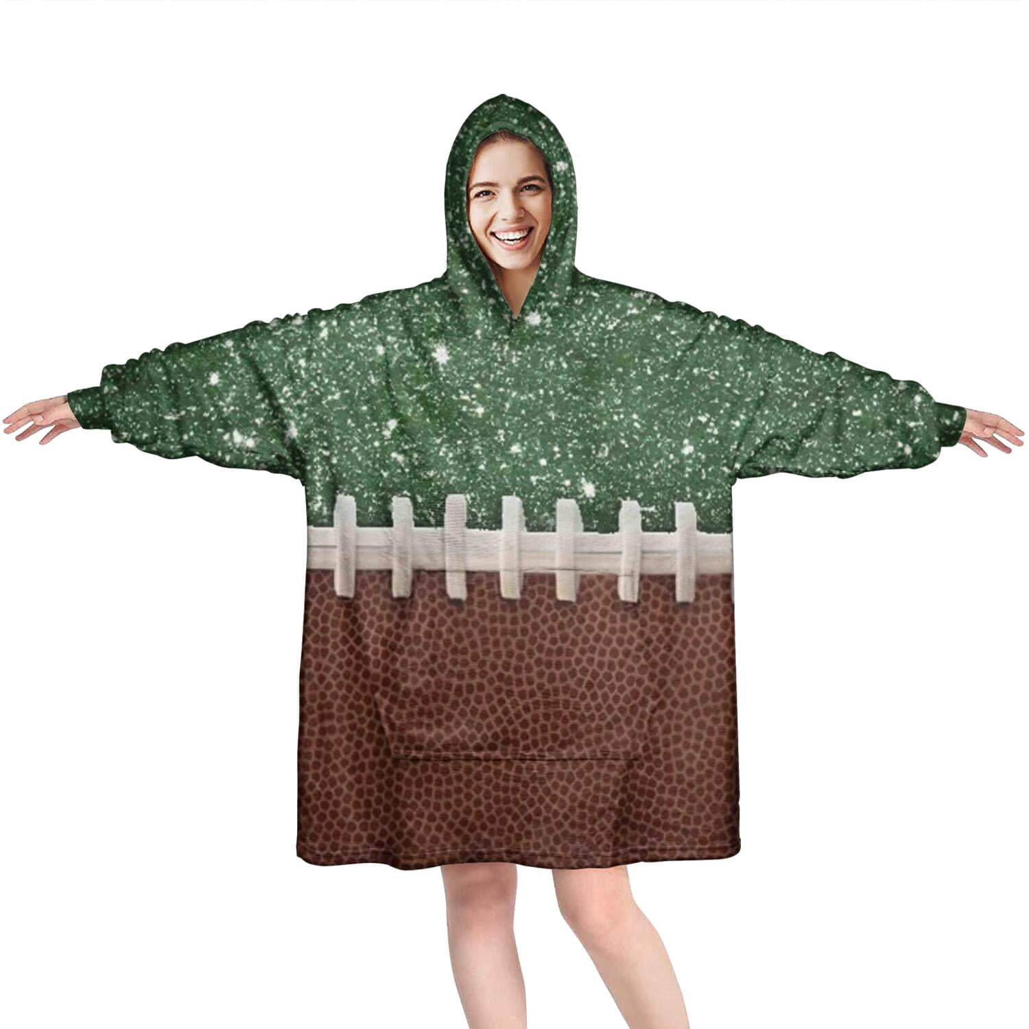 Green and Brown Football Stitch Pattern Wearable Oversized Blanket,Wearable Blanket Hoodie for Adults,Cozy Hooded Blankets with Super Pockets,Super Warm Fuzzy Pullover for Women & Men