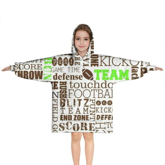 Green Brown Football Words Pattern Blanket Hoodies for Kids 6-13YR Oversize Wearable Blanket Hoodies for Boys Girls Teens
