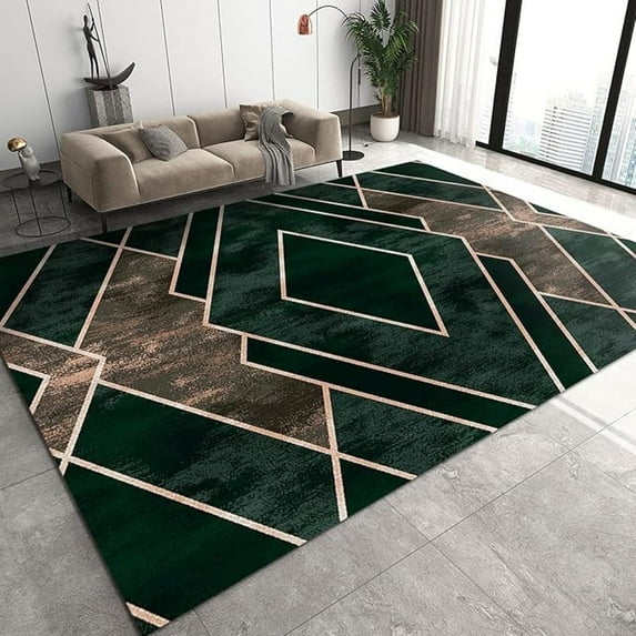Green Brown Gradient Geometry Area Rug, Retro Abstract Distressed Golden Line Indoor Non Slip Print Rugs, Machine Washable Durable Carpet For Front Entrance Floor Decor 4x5ft