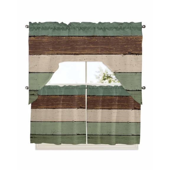 Green Brown Kitchen Curtains Swag Valance and Tier Curtains Set 24 Inch Length, Country Wood Grain Abstract Stripe Rod Pocket Drape Panels Pair Swag Curtains for Bathroom/Cafe/Window