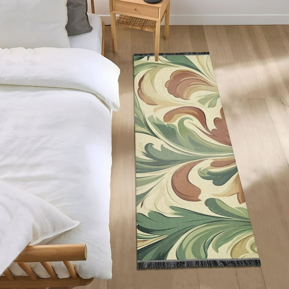 Green Brown Leaf Lines Bedroom Runner Rug 2'x 6' Non Slip Carpet Indoor Home Area Rug Living Room
