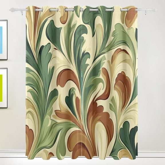 Green Brown Leaf Lines Blackout Curtains for Living Room Bedroom 55W x 72/84L Insulated Window Drapes 2 Panels