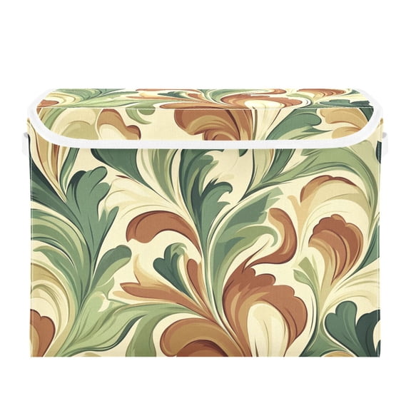 Green Brown Leaf Lines Large Storage Bins with Linen Collapsible Lid Storage Box 16.7 x 12.6 x 11.8in