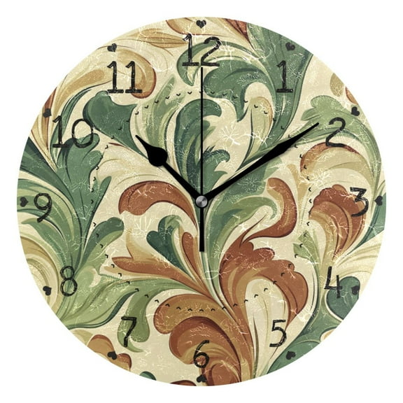 Green Brown Leaf Lines Round Wall Clock Silent Battery Operated Home Decor for Living Room Bedroom