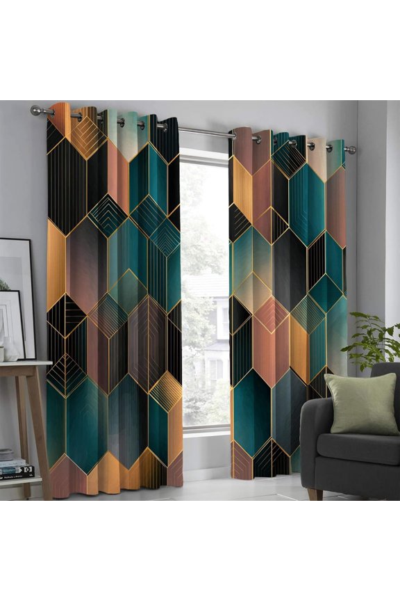 Green-Brown Luxurious Honeycomb Lines Blackout Curtains Retro Geometric Grommet Curtain Thermal Insulated Window Drapes Treatments For Farmhouse Living Room Bedroom-38"W x 45"L (Pack of 2)