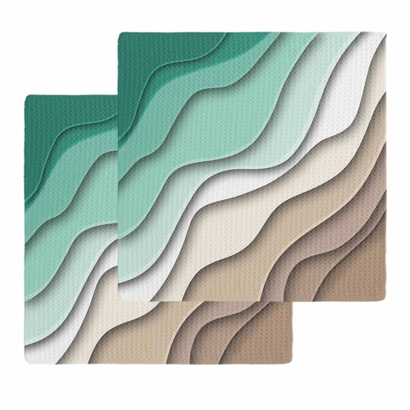 Green Brown Ombre Dish Towels Set,Waffle Weave Kitchen Towels 2Pcs, Modern Geometric Abstract Aesthetic Cream Microfiber Hair Face Bath Tea Towel Absorbent Quick Drying Cleaning Dish Cloths 12"x12"