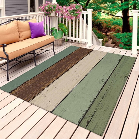 Green Brown Outdoor Rug for Patio/Deck/Porch, Non-Slip Large Area Rug 3 x 5 Ft, Country Wood Grain Abstract Stripe Indoor Outdoor Rugs Washable Area Rugs, Reversible Camping Rug Carpet Runner
