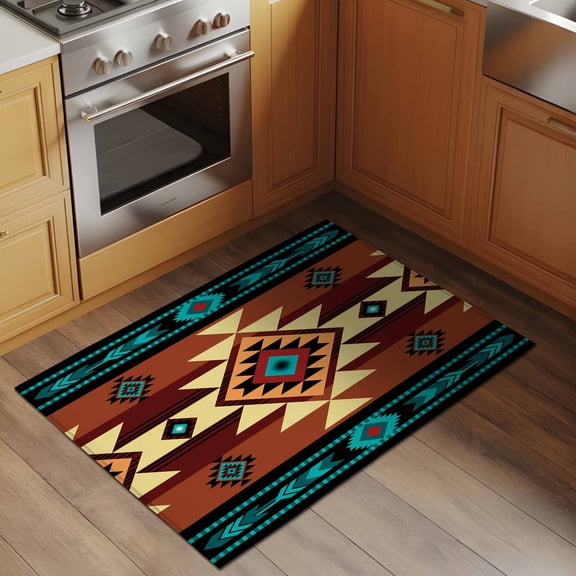 Green Brown Pattern 2x3 Rug for Entryway Front Door Kitchen Sink Area, Retro Bohemian Square Abstract Geometric Low Pile Washable Non Slip Rectangle Area Rug