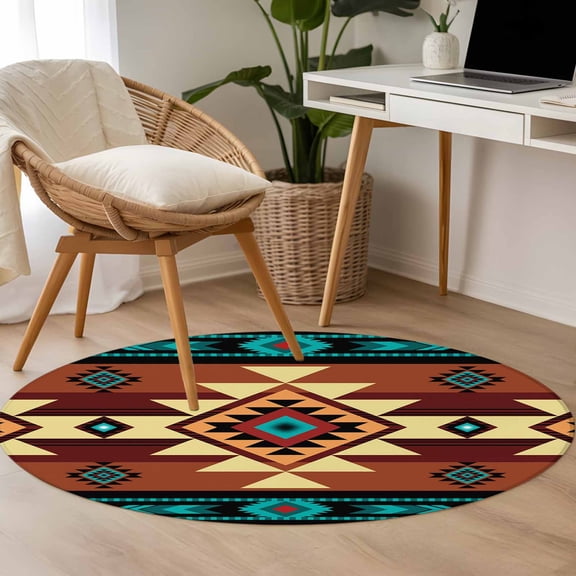 Green Brown Pattern 3.3ft Round Rug for Bedroom Reading Corner, Retro Bohemian Square Abstract Geometric Washable Non Slip Circle Area Rug