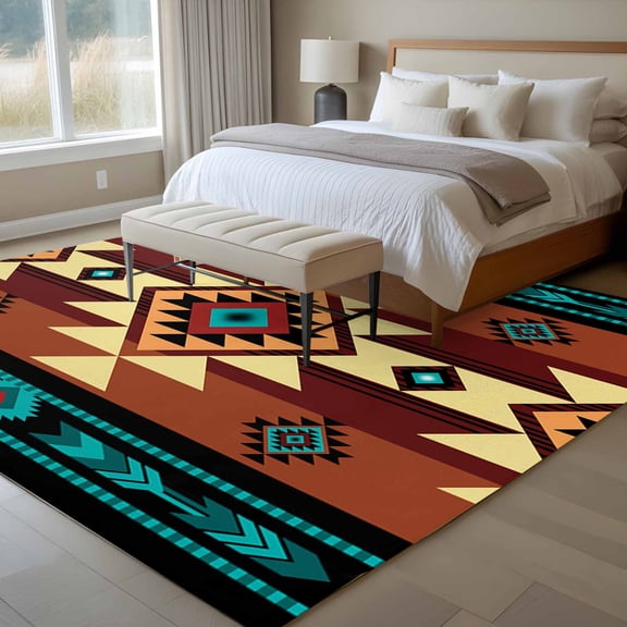 Green Brown Pattern 6x9 Rug for Dining Room Table and Chair Setup, Retro Bohemian Square Abstract Geometric Low Pile Washable Non Slip Rectangle Area Rug