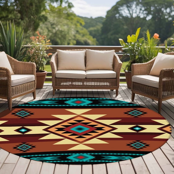 Green Brown Pattern 8ft Round Rug for Open Concept Living Room Seating Zone, Retro Bohemian Square Abstract Geometric Washable Non Slip Large Circle Area Rug