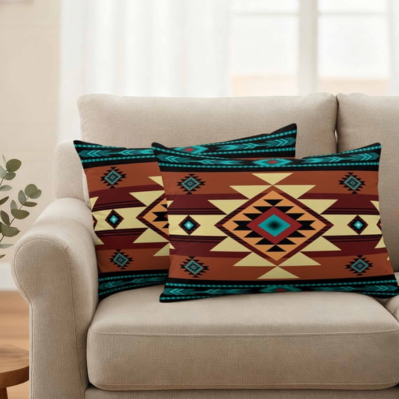 Green Brown Pattern Outdoor Pillow Covers 20"x12" Set of 2 Waterproof Throw Pillow Covers for Living Room Sofa Patio Garden Retro Bohemian Square Abstract Geometric Faux Linen Cushion Case