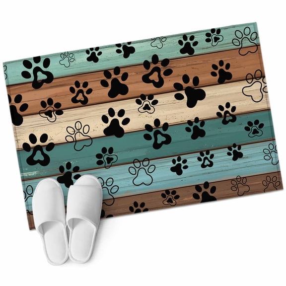 Green Brown Paw Print Large Area Rugs for Bedroom Living Room, Soft Non Slip Carpet Bedside Rug, Vintage Farmhouse Country Wooden Grain Rectangle Floor Cover Kitchen Accent Rug 2'x3' for Office