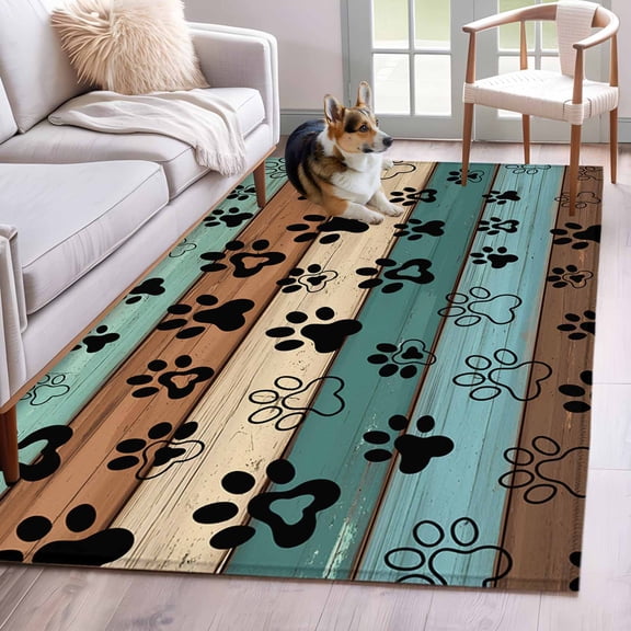 Green Brown Paw Print Runner Rug 2.7x5 FT,Non Slip Entryway Carpet,Vintage Farmhouse Country Wooden Grain Washable Soft Floor Carpet Entrance Mat Throw Rug for Hallway Laundry Room Bedside