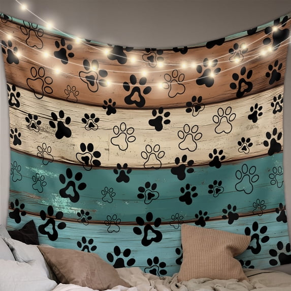 Green Brown Paw Print Tapestry for Bedroom Wall Hanging Tapestry,Vintage Farmhouse Country Wooden Grain Ceiling Backdrop Tapestries Poster Blanket Wall Decor for Teens Room Living Room Dorm 59" x 90"