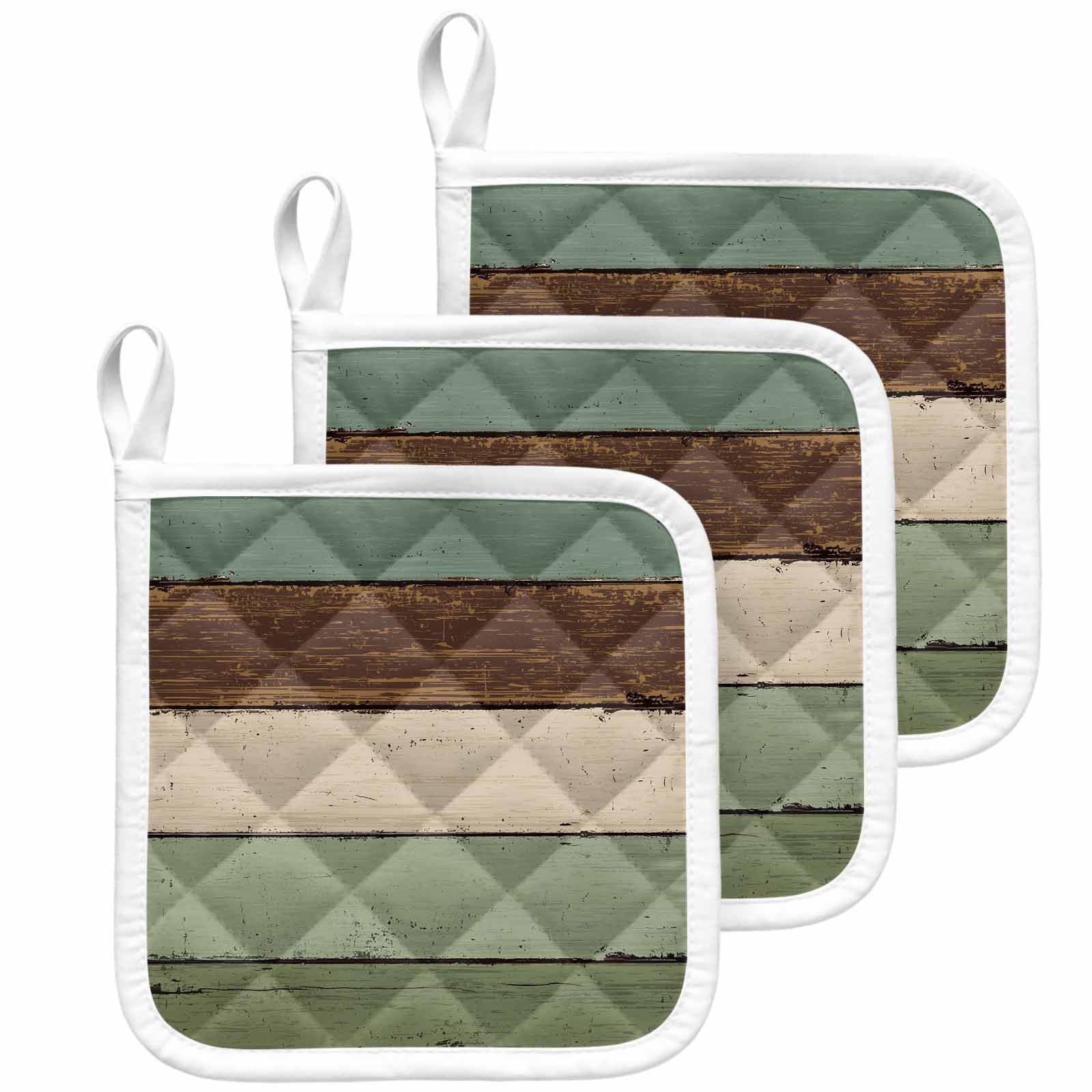 Green Brown Pot Holders for Kitchen Heatproof Potholder, 3 Pack Country Wood Grain Abstract Stripe Hot Pads Multipurpose Oven Pads Cloth Potholders Trivet for Cooking Baking