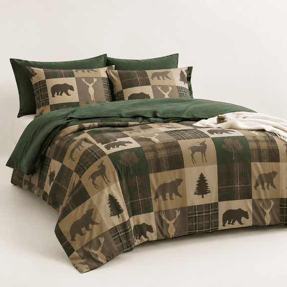 Green Brown Queen Size Rustic Lodge Woodland Animal Print 3 Piece Comforter Bedding Set