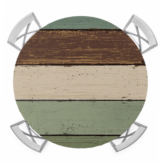 Green Brown Round Tablecloth for 55-60 Inch Tables, Fitted Table Cover with Elastic Edge, Country Wood Grain Abstract Stripe Waterproof Outdoor Table Cloth Protector for Patio Garden Dinner Picnic