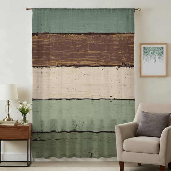Green Brown Sheer Curtains 45 Inches Long, Country Wood Grain Abstract Stripe Light Filering Curtains, Breathable Simi Curtain Privacy Drapes for Kitchen Bathroom Lightweight Small Window Treatment