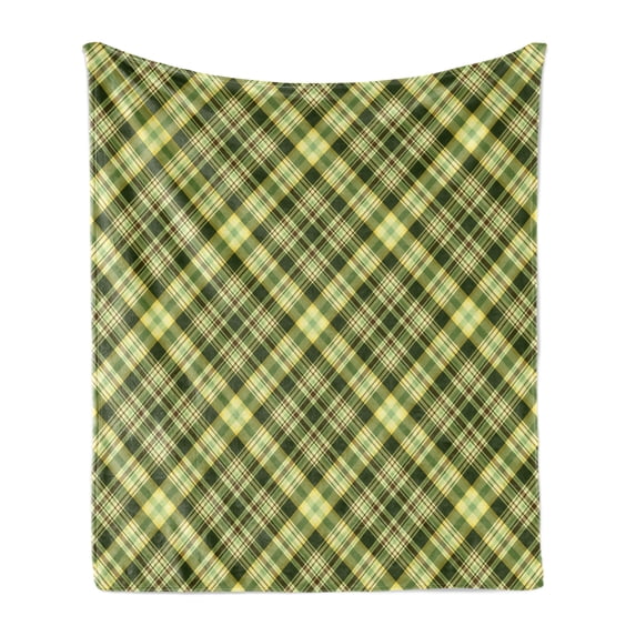 Green and Brown Soft Flannel Fleece Blanket, Diagonal Checkered Pattern Irish Tartan Geometric Classic Arrangement, Cozy Plush for Indoor and Outdoor Use, 60" x 80", Fern Green Brown, by Ambesonne