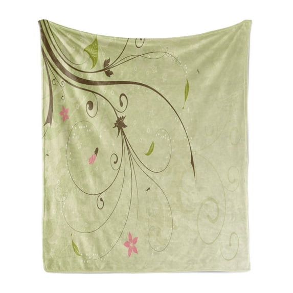 Green and Brown Soft Flannel Fleece Blanket, Floral Arrangement with Swirls Lines Petal Buds Abstract Bouquet, Cozy Plush for Indoor and Outdoor Use, 70" x 90", Pale Green Brown Pink, by Ambesonne