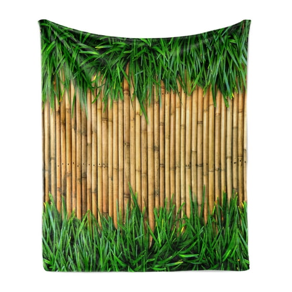 Green and Brown Soft Flannel Fleece Throw Blanket, Bamboo with Grass Inspirations Summer Ecology Japanese, Cozy Plush for Indoor and Outdoor Use, 50" x 60", Sand Brown Fern Green, by Ambesonne