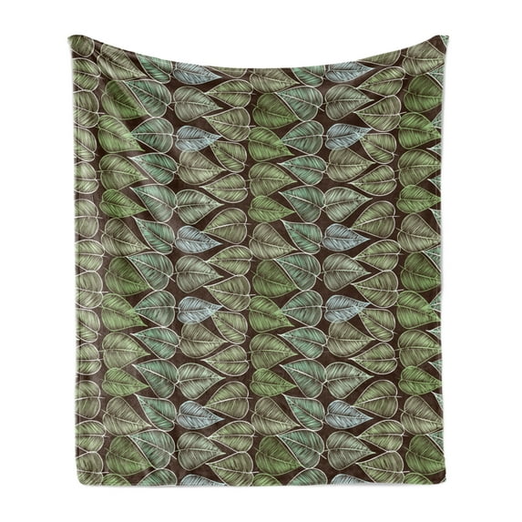 Green and Brown Soft Flannel Fleece Throw Blanket, Hand Drawn Foliage Pattern with Leaves with Lines Sketch Style Vintage, Cozy Plush for Indoor and Outdoor Use, 50" x 70", Multicolor, by Ambesonne