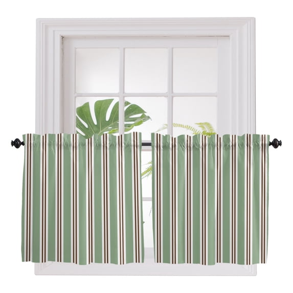 Green Brown Striped 2 Panel Kitchen Curtains for Small Windows, Modern Farmhouse Vertical Stripes Bathroom Tier Curtain, Short Window Treatment for Bedroom/Living Room 55"x36"