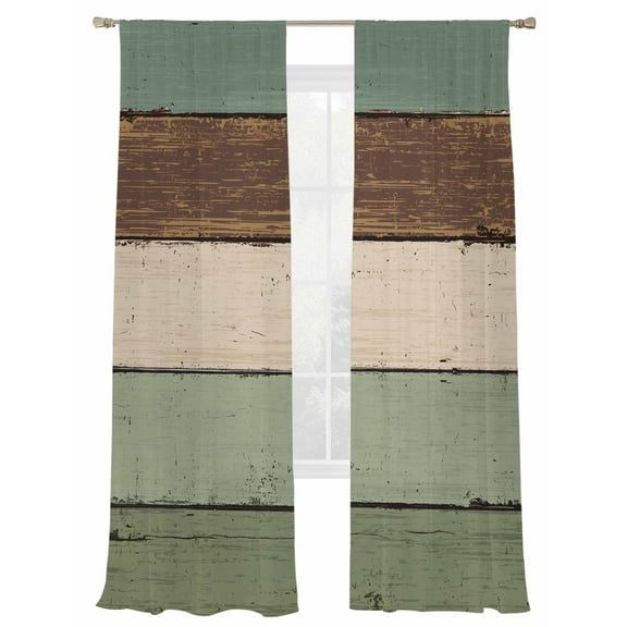 Green Brown Stripes Sheer Curtains 96 Inch Long 2 Panels, Vintage Wood Background Decoration Light Filtering Rod Pocket Semi Sheer Curtains, Sheer Voile Drapes for Living Room Bedroom, 52"x96"
