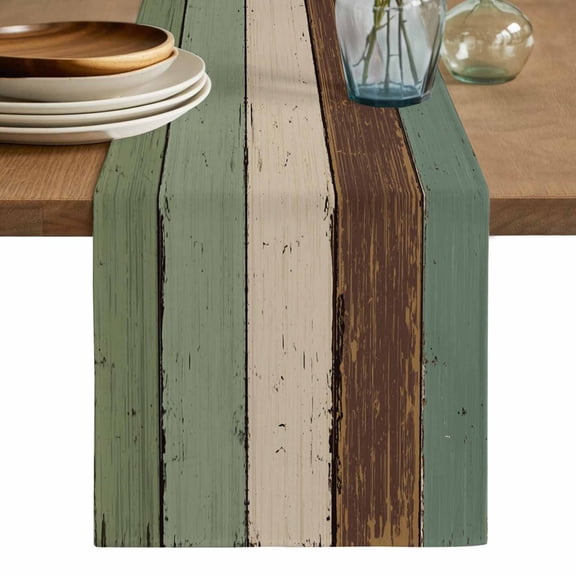Green Brown Table Runner, Country Wood Grain Abstract Stripe Washable Cotton Linen Table Runners 72 Inches Long, Dresser Scarf Runner for Dining/Coffee/Kitchen/TV Stands/Cabinets 13''x72''