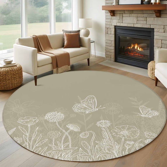 Green Brown Wildflowers Round Area Rug 7Ft Washable Circle Rugs for Dorm Laundry Room, Modern Floral Butterfly Plant Non-Slip Carpet Floor Mats Indoor Outdoor Carpet Runner Aesthetic Home Decor