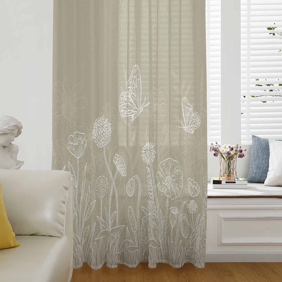 Green Brown Wildflowers Sheer Curtains 45 Inches Long for Living Room/Bedroom, Modern Floral Butterfly Plant Rod Pocket Voile Kitchen Curtains & Drapes Window Treatment 1 Panel, 52"W x 45"L