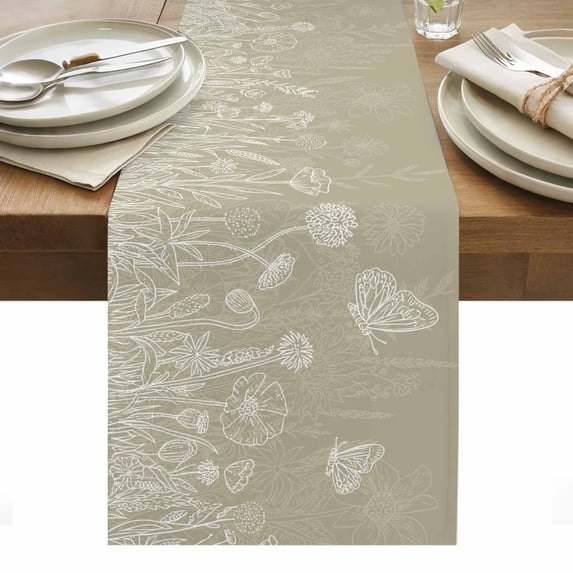 Green Brown Wildflowers Table Runner - 120 Inch Long, Kitchen Dining Table Runner Dresser Scarves, Modern Floral Butterfly Plant Farmhouse Decor for Coffee Tables Wedding Party Banquet