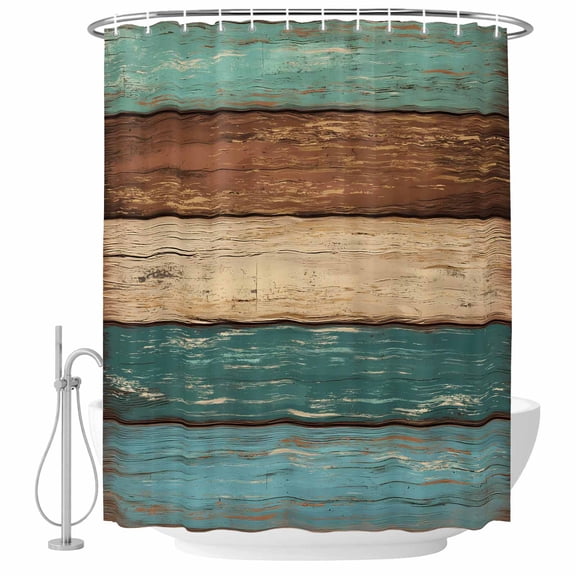 Green Brown Wood Grain Bathroom Shower Curtains with Hooks, Vintage Green Brown Khaki Teal Wood Stripes Waterproof Fabric Washable Shower Curtain for Home Hotel Bathtub Decor 36x72 Inch