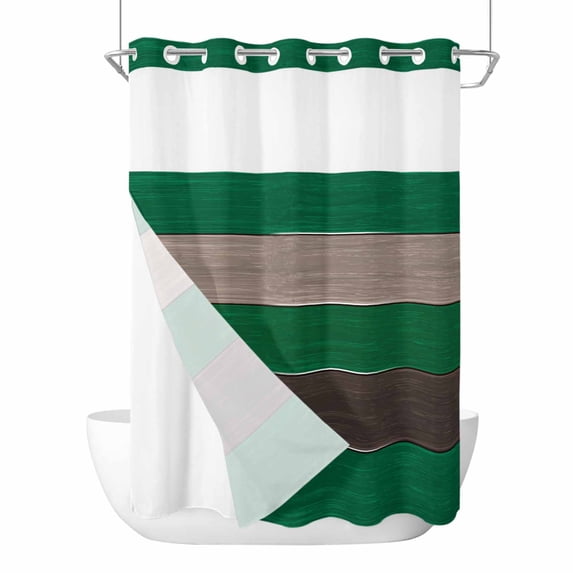 Green Brown Wood Grain No Hook Shower Curtain with Snap in Liner, Waterproof Fabric Shower Curtains, Farmhouse Country Vintage Geometric Shower Curtain Set Top See Through for Bathroom 72"x96"