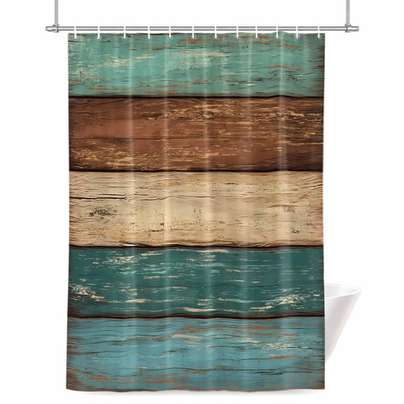 Green Brown Wood Grain Shower Curtain, Vintage Green Brown Khaki Teal Wood Stripes Waterproof Shower Curtain Set with 12 Hooks Lightweight Bath Curtains Fabric Bathroom Decor 48x72 Inches