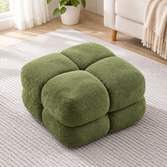 Green Bubble Chenille Square Ottoman Foot Rest Stool for Living Room and Bedroom