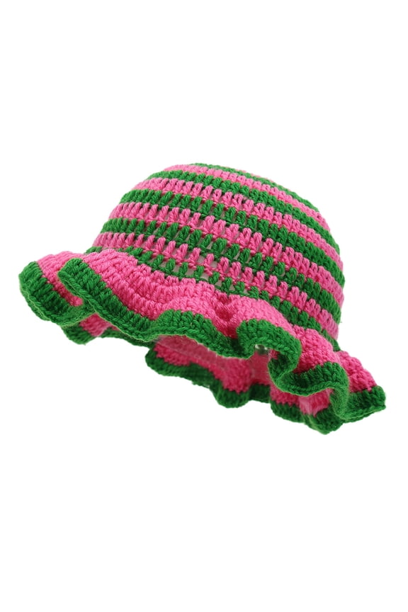 Green Bucket Hats Handmade Crochet Ruffled Wool Hat Fashionable Colorful Wide Brimmed Hat Unisex Hat with Flounced Edge