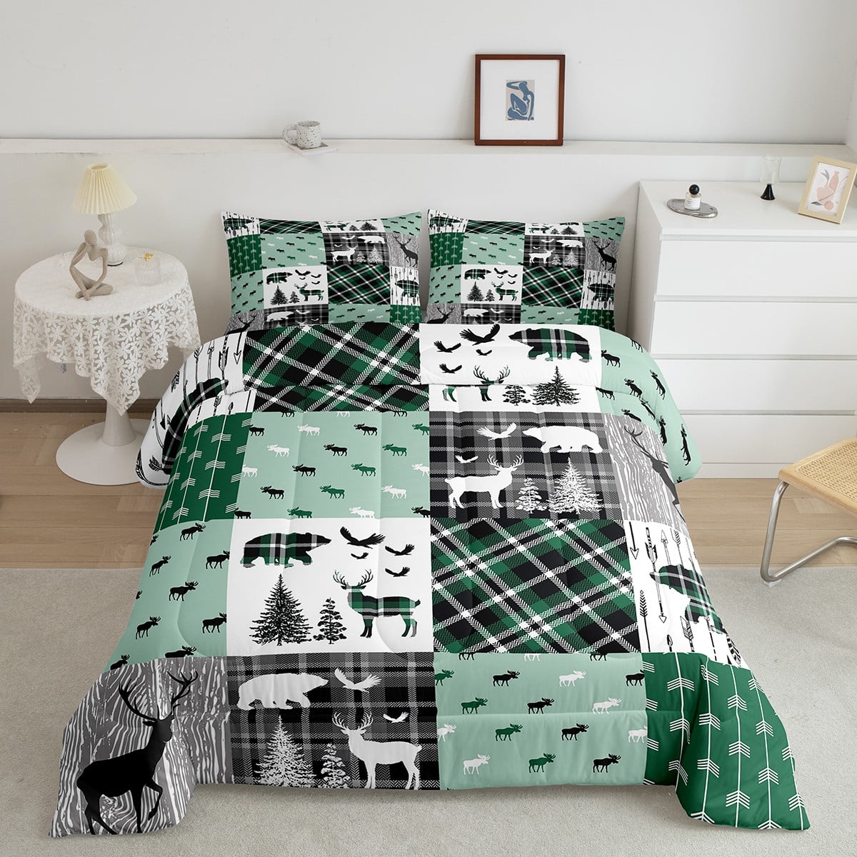 Green Buffalo Plaid Bedding Set for Boys Girls,Woodland Bear Moose