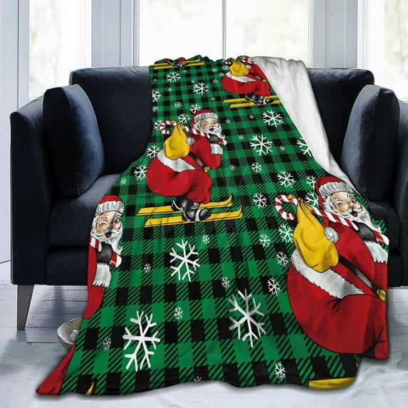 Green Buffalo Plaid Christmas Blanket, Christmas Santa Claus Ski Gifts Sherpa Throw 50" x 60", Super Soft Warm Comfy Bedding Couch Blankets