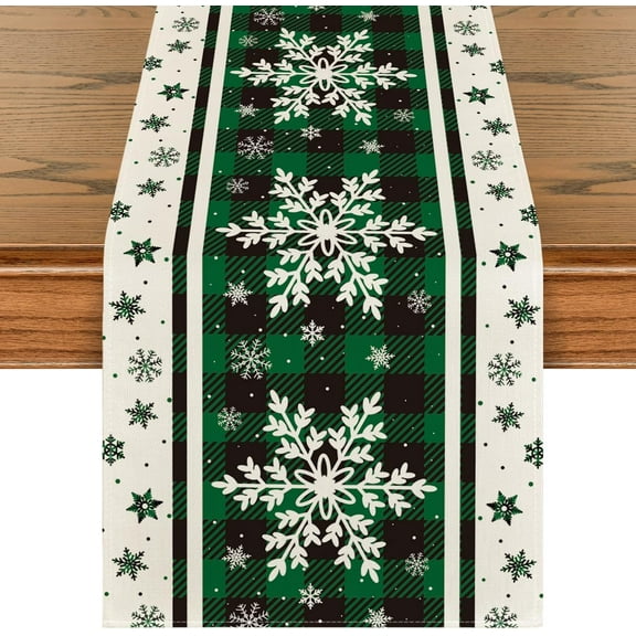 Green Buffalo Plaid Snowflakes Christmas Table Runner, Seasonal Winter Kitchen Dining Table Decoration for Home Party Decor 13x72 Inch