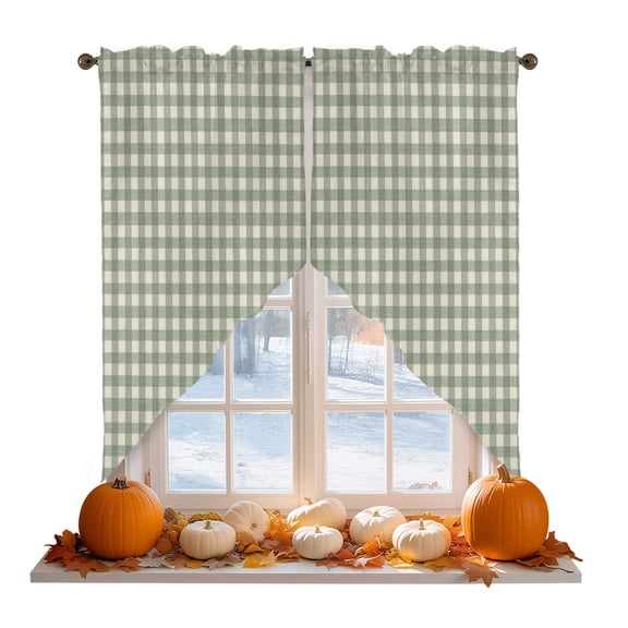 Green Buffalo Plaid Swag Curtain Valances for Kitchen, Minimalist Gingham Check Retro Linen Texture Rod Pocket Curtains Window Treatment Swag Valance for Bedroom Bathroom, 2 Panels 36 x 63 Inch