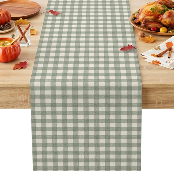 Green Buffalo Plaid Table Runner, Minimalist Gingham Check Retro Linen Texture Cotton Linen Kitchen Table Decoration Washable Dining Tabletop Runners for Home Party Decor 13x36 Inches
