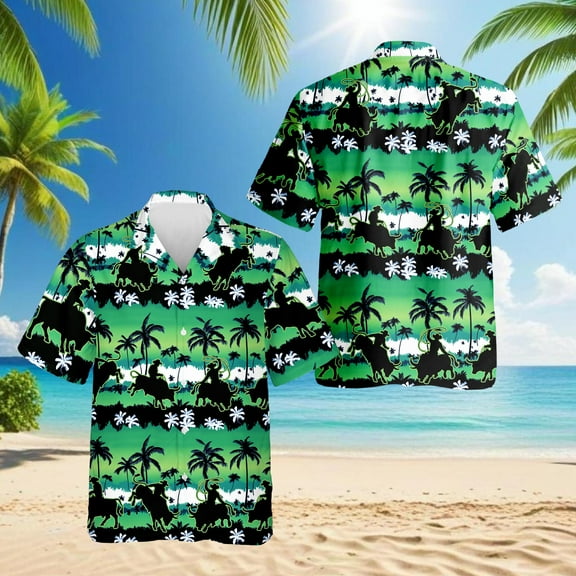 Green Bull Riding Palm Tree Hawaiian Shirt for Men, Button Down Summer Beach Short Sleeve, Tropical Style, Sizes S-5XL