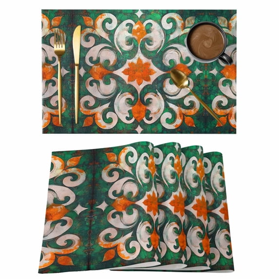 Green Burnt Orange Placemats Set of 4 Boho Ethnic Flower Abstract Place Mats Indoor Wipeable Table Mats Washable Cloth Dining Table Placemats for Kitchen Holiday Party Home Decor 13x19 Inch