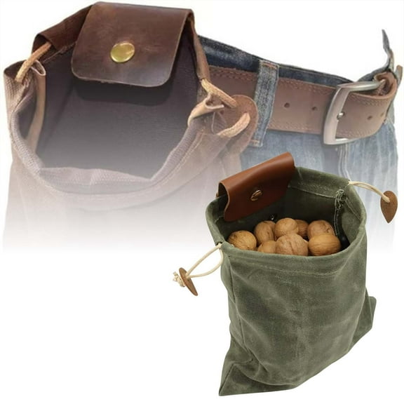 Green Bushcraft Dump Bag for Foraging, 2 Count 8.3x7.9 Inch Collapsible Canvas Pouch, Portable Fruit Picking Waist Sack, Drawstring Gathering Storage for Hiking Camping Rock Hounding