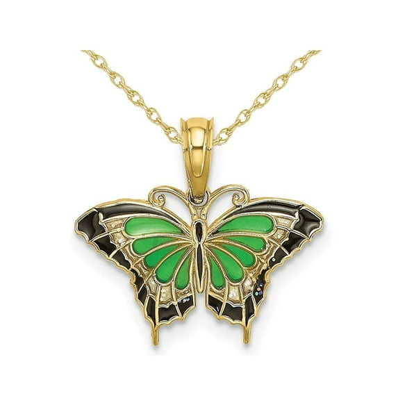 Green Butterfly Charm Pendant Necklace in 10K Yellow Gold with Chain for Women
