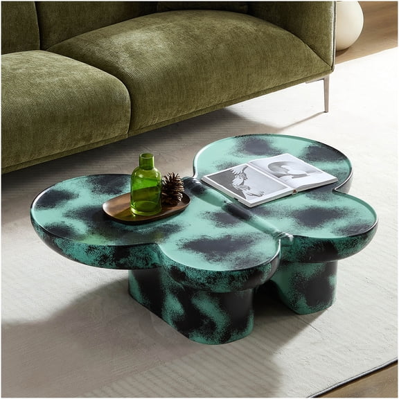 Green Butterfly Coffee Table Faux Travertine Top Fiberglass Base Modern Accent Table for Living Room