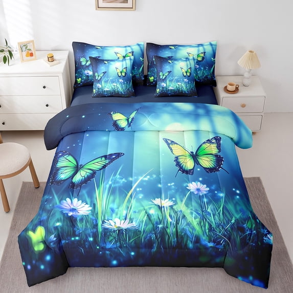 Green Butterfly Comforter Set 7 Piece Bed in a Bag Twin,Country Butterflies Bedding Sets Rustic Aesthetic Animal Sheet Set with Comforter,Watercolor Beetles Bed Set